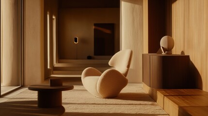Modern minimalist living room with beige chair and wooden accents