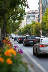 Obraz premium A busy street with cars and a line of flowers. The cars are stopped at a red light