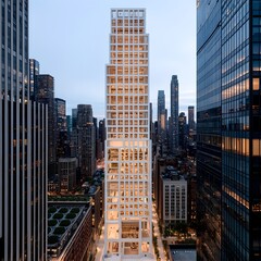 Fototapeta premium Modern Skyscraper in Urban City Skyline at Dusk with Lights On