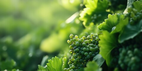 Tiny green grape clusters forming on a vine