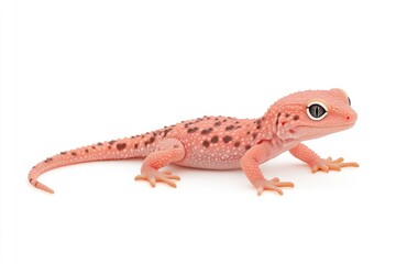 Naklejka premium A vibrant pink gecko with distinctive spots gracefully posed on a white surface, showcasing its unique features