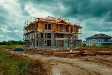 Obraz premium New residential building under construction in a rural landscape with dramatic skies
