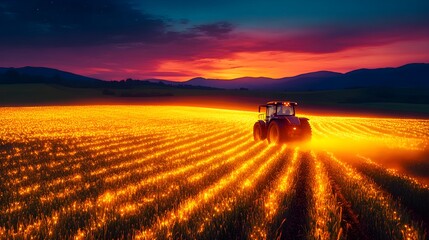 Fototapeta premium A hardworking tractor plows through luminous golden fields under a glowing sunset, capturing rural charm and agricultural productivity.