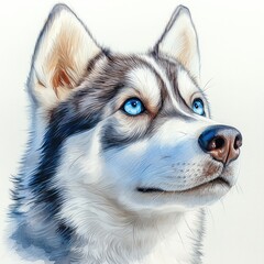 Obraz premium Close-up portrait of a Siberian Husky with striking blue eyes, showcasing its fur texture and expression