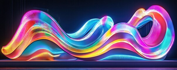 Vibrant neon light sculpture with colorful wavy patterns on dark background