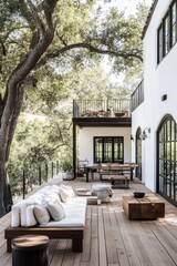 Fototapeta premium Stylish outdoor living space showcases modern design amid lush greenery, ideal for relaxation or entertaining guests close to nature
