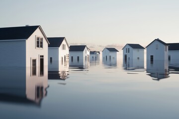 A 3D depiction of a rising floodwater scene, submerging homes and roads, illustrating the dangers of climate-induced disasters