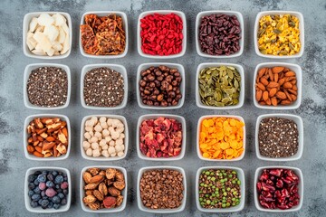 Colorful array of dried fruits, seeds, and nuts arranged beautifully on a textured surface