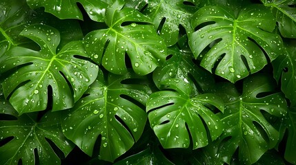 Fototapeta premium Lush Green Monstera Leaves with Water Droplets in Natural Setting