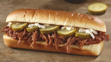 Delicious pulled pork sandwich topped with pickles and creamy sauce on a rustic background