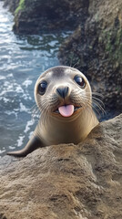 Naklejka premium Cute baby seal peeking over rock with tongue out playfully