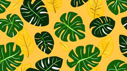 Colorful Tropical Leaves Pattern on Bright Yellow Background