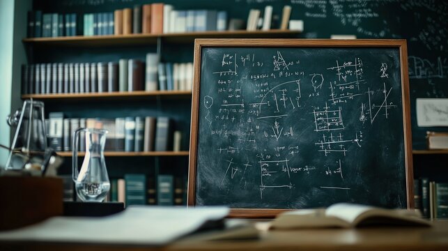 Classroom Chalkboard with Mathematical Formulas and Diagrams