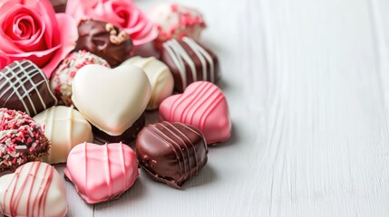 Assorted heart-shaped chocolates and roses on white wood; Valentine's Day gift