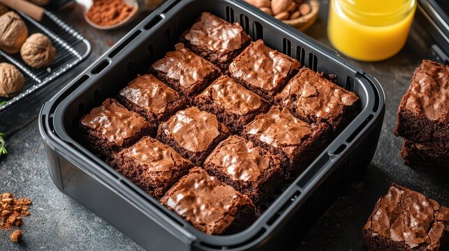 Deliciously arranged chocolate brownies in a black container with nuts and spices in the background