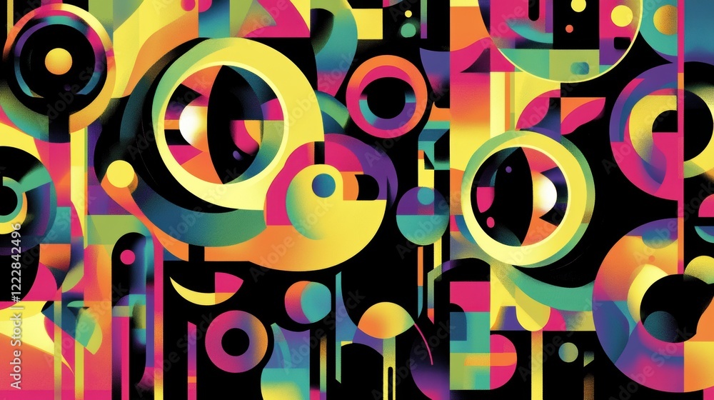 Poster colorful abstract design featuring circular shapes and vibrant patterns on a black background