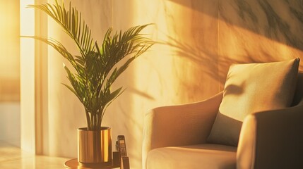 Golden Sunlight Illuminates Modern Room With Plant And Chair