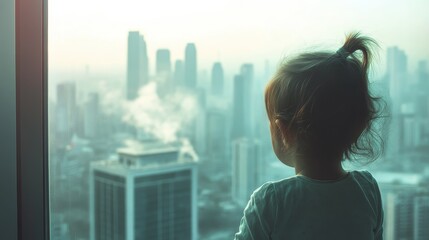 Fototapeta premium A young child looks out the window. The world and the city outside are obscured by air pollution. The concept of emotional and environmental awareness.
