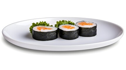 Fresh Salmon Sushi Rolls on White Plate with Green Garnish