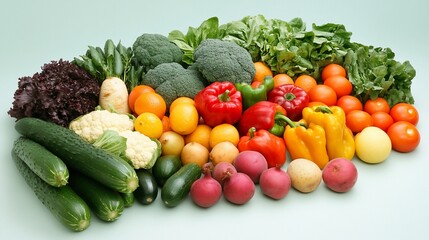 A colorful assortment of fresh fruits and vegetables on a light green background