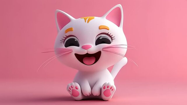 A cheerful, cartoon 3D rendering of a cute white kitten on a pink background.