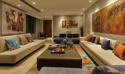 Modern living room interior with artistic wall decor and cozy furnishings for a stylish ambiance