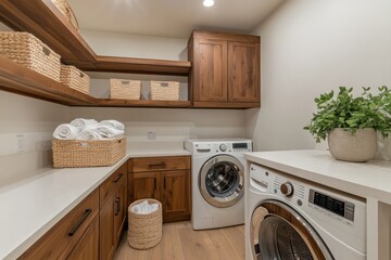 Modern laundry room, wood cabinets, white counters, clean