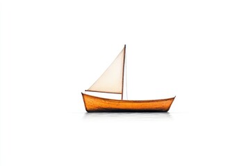 Obraz premium A serene wooden sailboat with a white sail gliding on calm waters, evoking tranquility and adventure