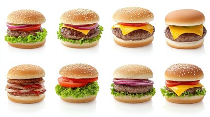 A variety of burgers displayed on a white background.
