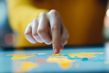 Fototapeta premium Interactive exploration of a world map with a finger pointing to a location