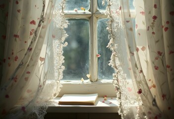 Delicate Blank Paper on Windowsill Surrounded by Lace and Gentle Sunlight