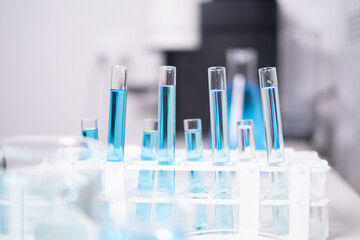 Close-up Laboratory test tube with blue liquid for chemistry chemical medicine research