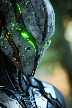 Futuristic alien robot with glowing green eyes in setting