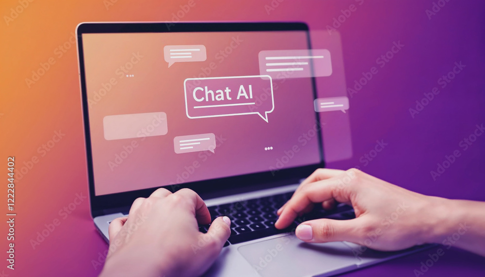 Poster hands typing on a laptop, chat ai interface displayed.