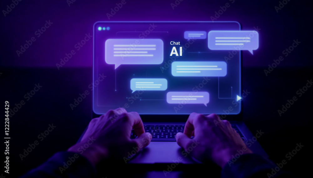 Poster hands typing on a laptop, chat ai interface displayed.
