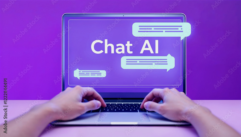 Poster hands typing on a laptop, chat ai interface displayed.
