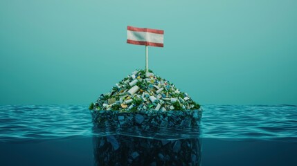 A dynamic 3D rendering of floating islands made of trash and plastic debris, representing the global waste crisis in oceans