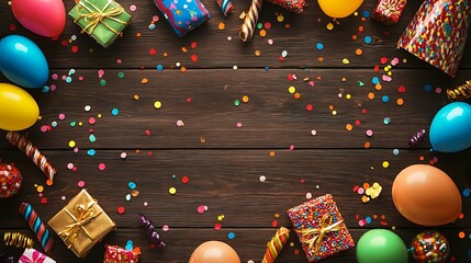 A birthday celebration banner or backdrop displaying bright balloons, presents, party hats, confetti, candies, and streamers in a flat lay format, with ample space for a personalized message.