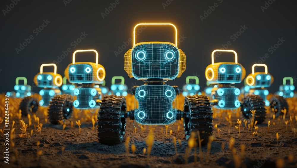 Poster a group of small, futuristic robots with glowing features stands in a dark landscape, showcasing a b