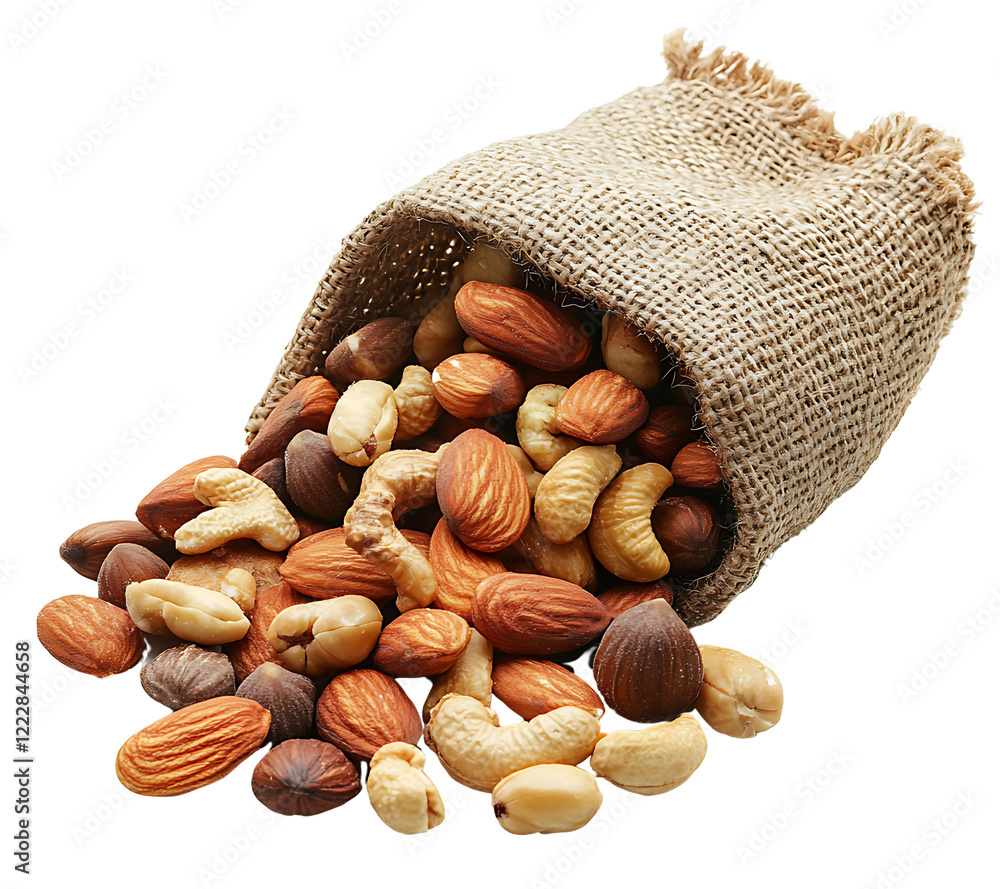 Aufkleber assorted nuts spilling from a rustic burlap bag isolated on a white or transparent background.