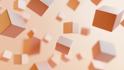 A dynamic composition of glowing geometric shapes, including spheres and cubes, floating in a soft gradient environment