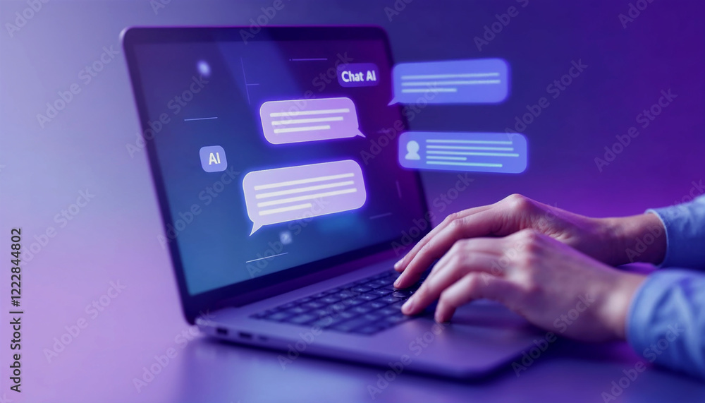 Poster hands typing on a laptop, chat ai interface displayed.