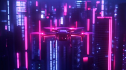 Futuristic Drone Soaring Over Neon Cityscape At Night