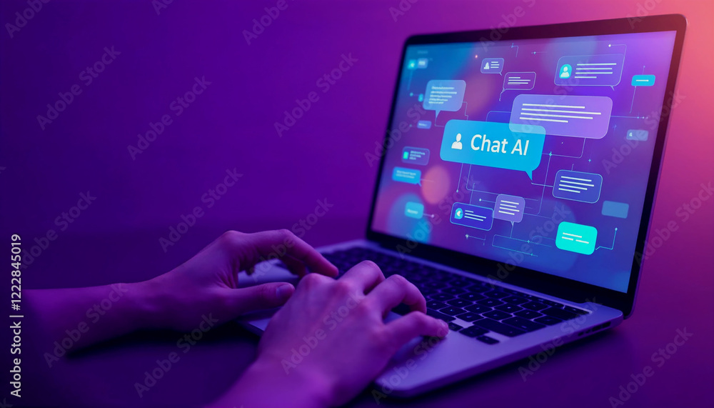 Poster hands typing on a laptop, chat ai interface displayed.