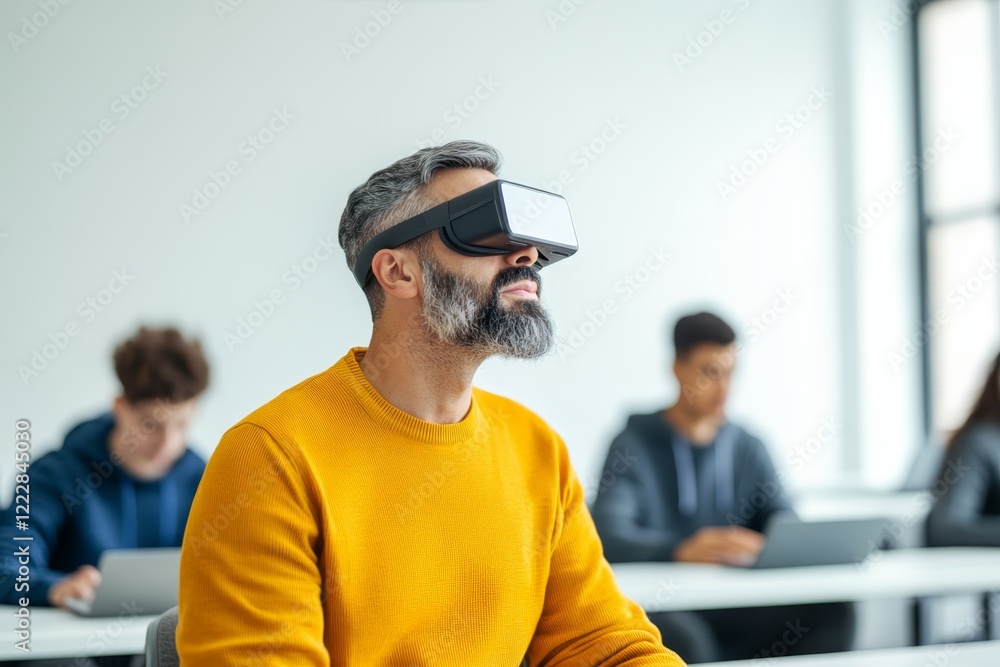Poster man engages in virtual reality learning while seated among students in a modern classroom setting