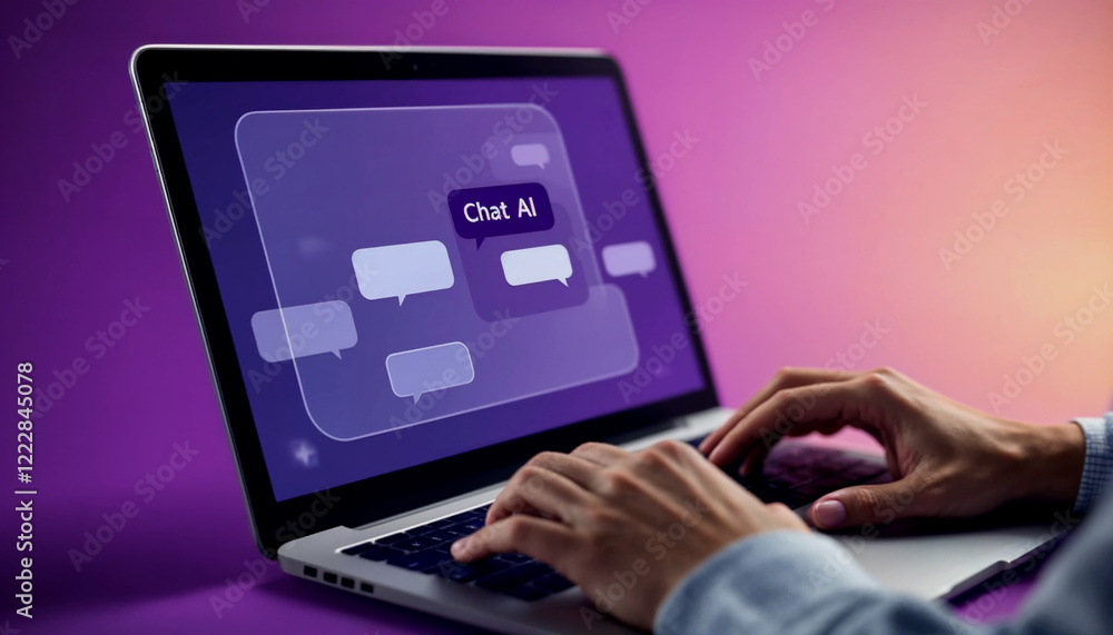 Poster hands typing on a laptop, chat ai interface displayed.