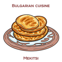 Mekitsi are traditional Bulgarian breakfast pastries, similar to fried dough pieces, often served with jam, cheese, or yogurt.