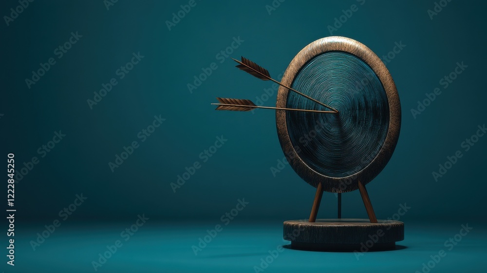 Poster creative bullseye target with arrow on blue background with mock up place. targeting and marketing c