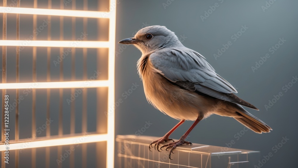 Poster a close-up of a light-colored bird perched on a ledge, illuminated by soft artificial lighting, show