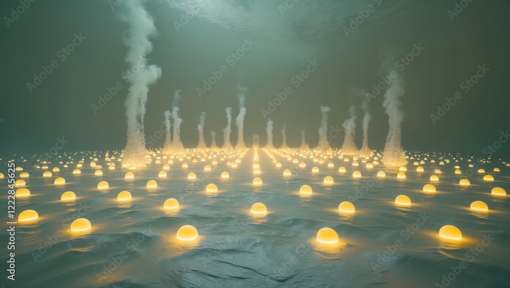 Poster an underwater scene featuring glowing spherical objects emitting steam, creating a mystical and atmo